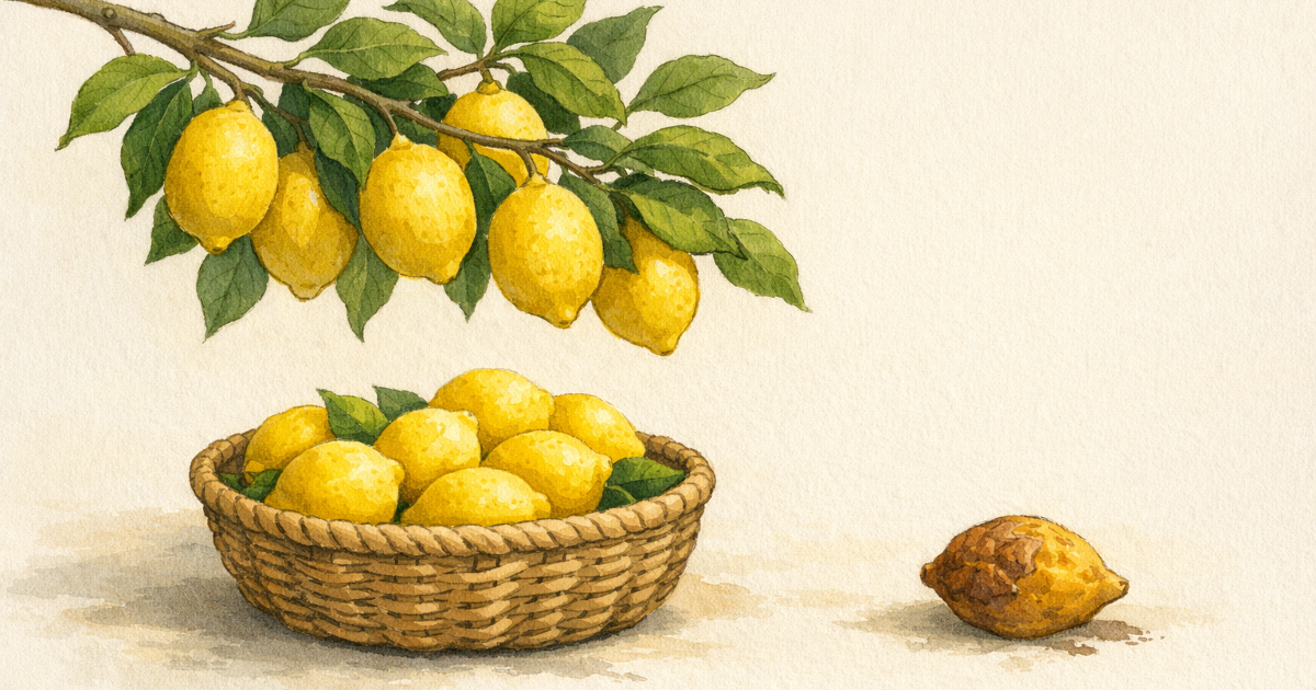 A lemon-laden tree branch hangs above a basket of freshly picked fruit, while one neglected lemon rots on the ground.