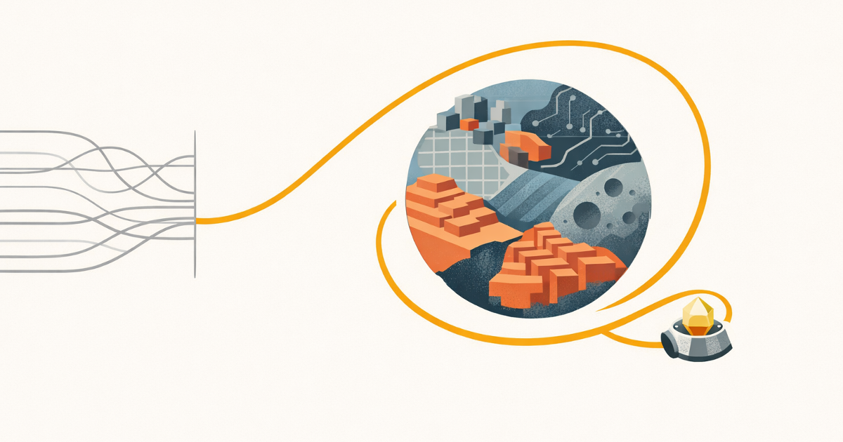 A single golden route leaves a cluster of familiar paths, loops around an unexplored patchwork planet, and returns carrying a small crystal.