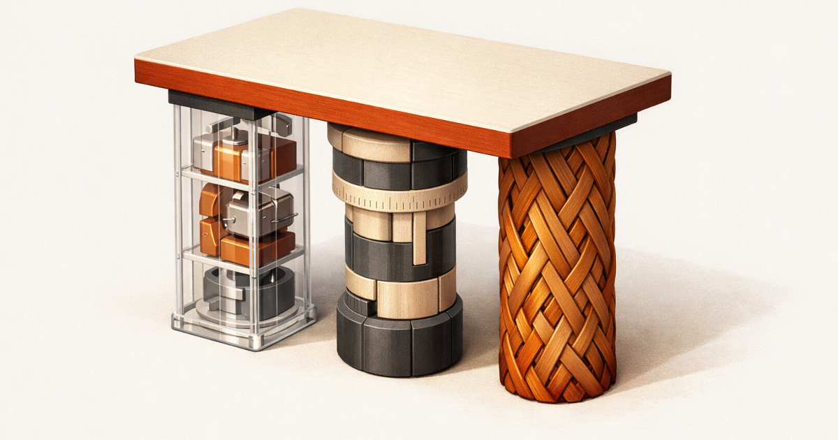 A shared workbench supported by three distinct pillars representing open source, standards, and community.