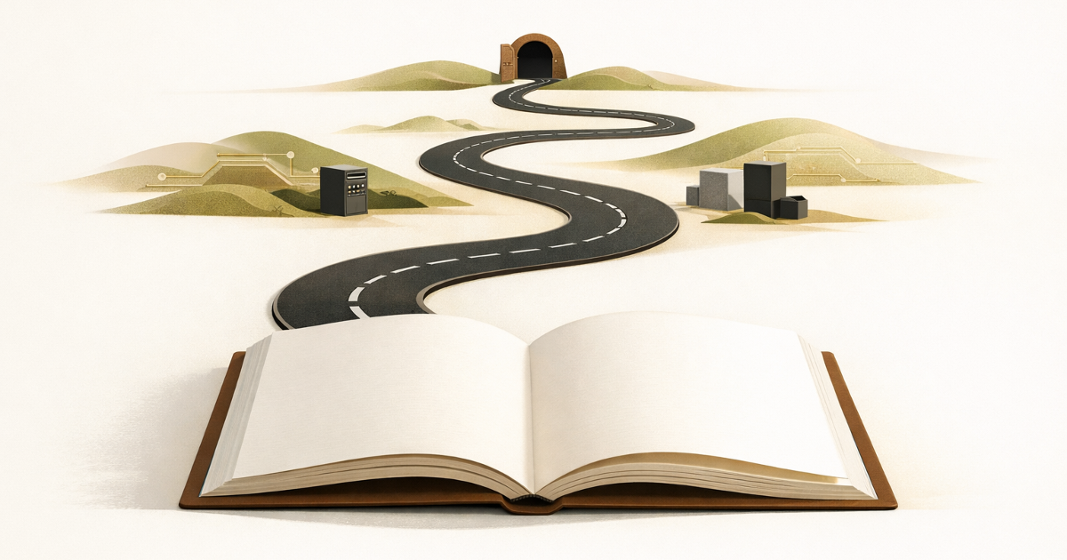 A winding road leaves an open round doorway, crosses a sparse technology landscape, and returns as the blank pages of an open journal.