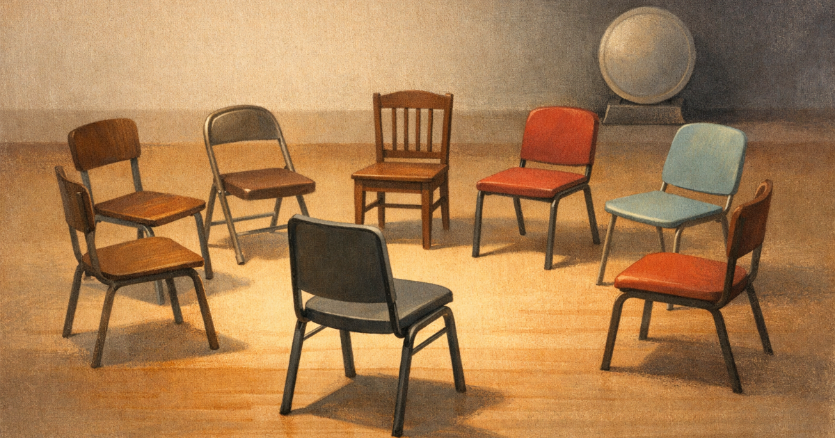 An warmly lit circle of meetup chairs takes priority over an unbranded award medal fading into the background.