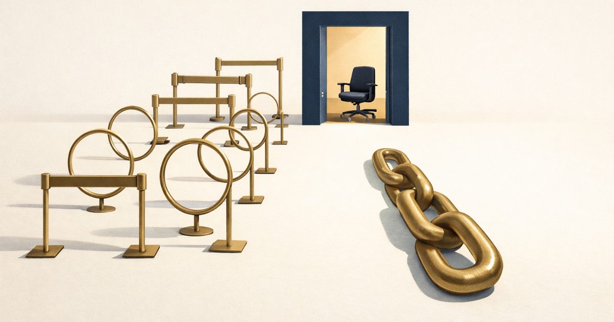 An empty office chair is reached by either endless qualification hoops or a short path of strong chain links symbolizing trust.