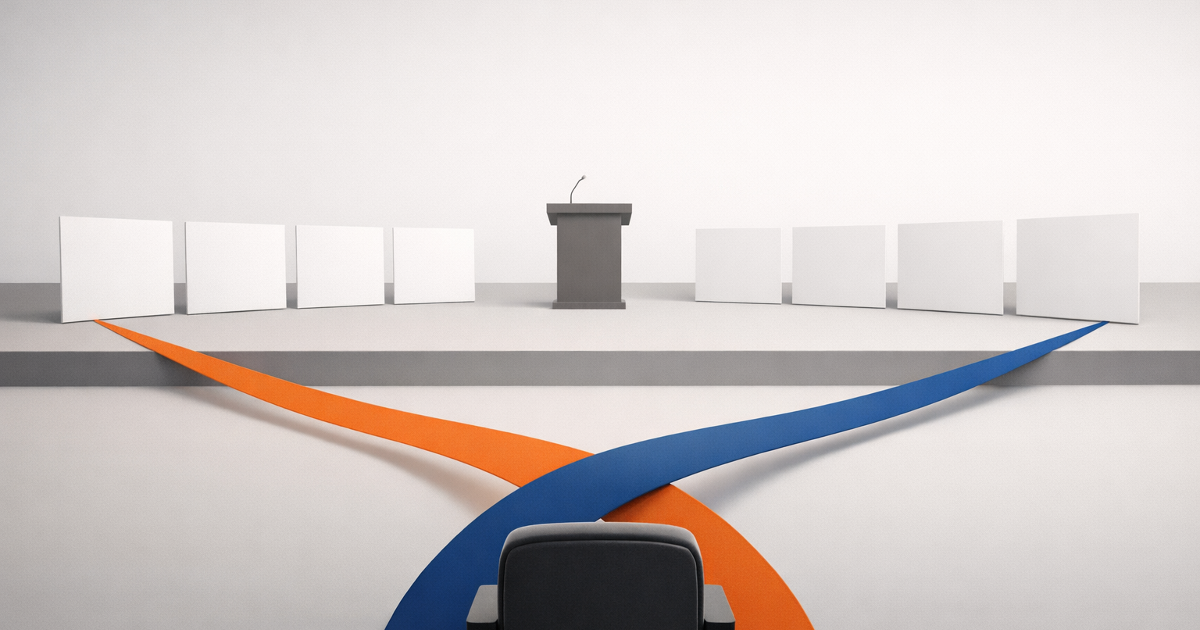 Two paths from opposite ends of a presentation converge on one empty audience chair.